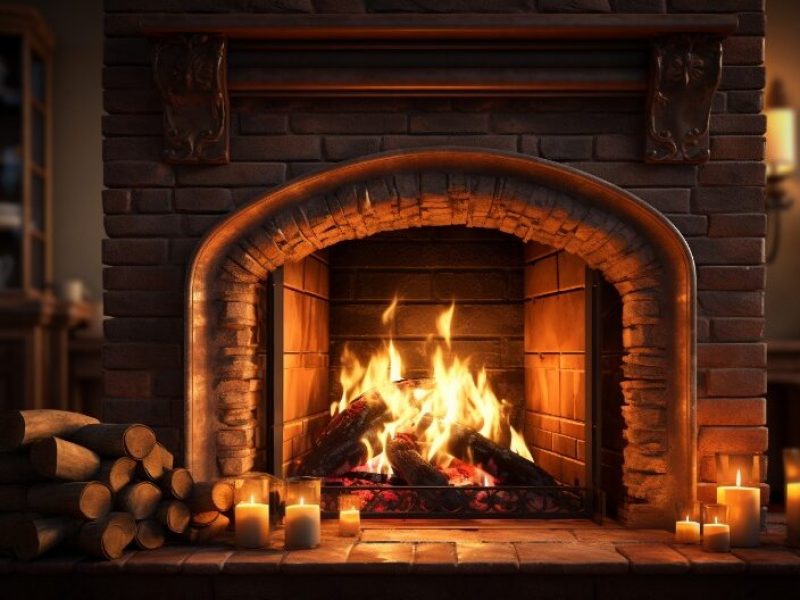 Wood Burning Fireplace built in stone and brick with wood mantle. Wood fire raging with extra logs on hearth.