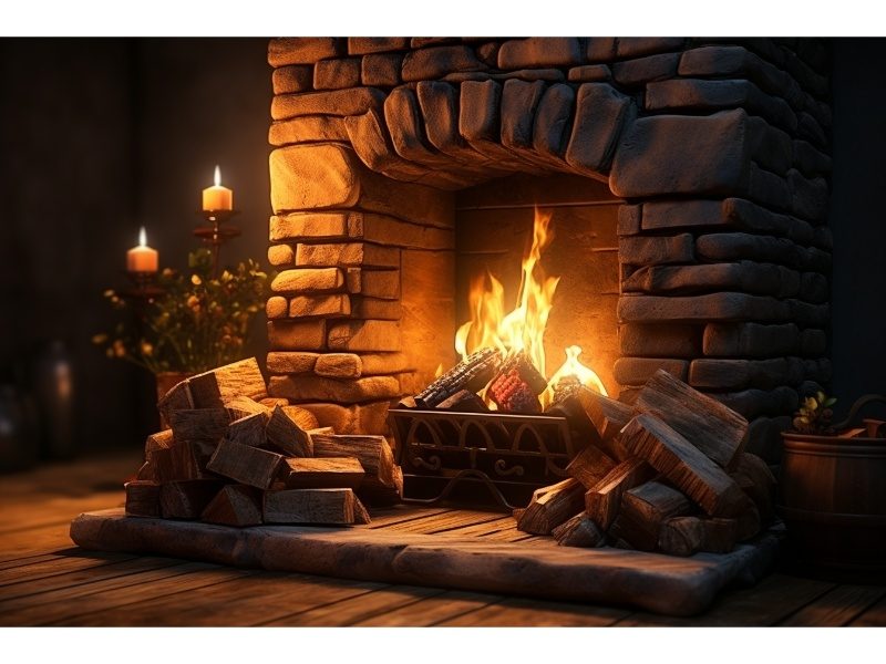 Wood burning fireplace with low smoke producing wood.