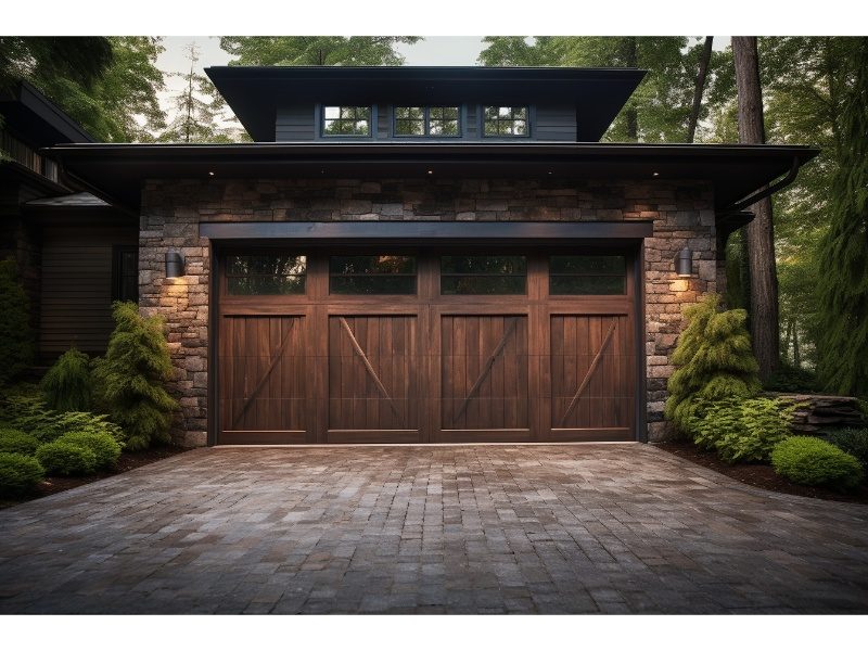 Rustic wooden garage door on a stone-clad home, highlighting the importance of regular servicing to ensure safety and smooth operation.