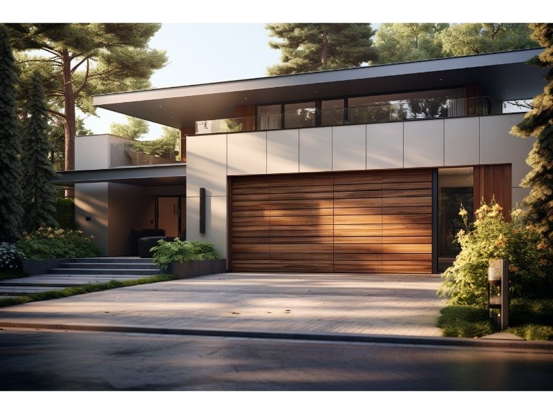 Elegant wooden garage door with a high-gloss finish, perfect for upscale modern residences.