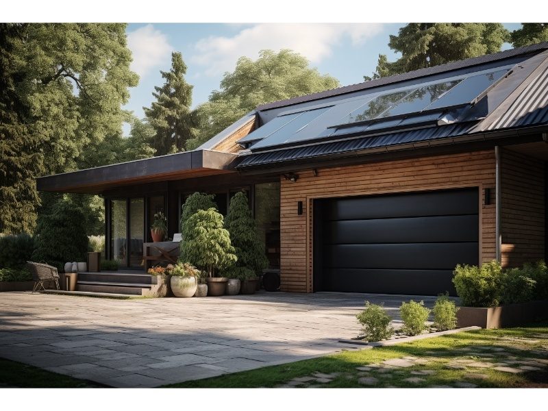 Modern home with stylish metal garage door complementing its exterior.