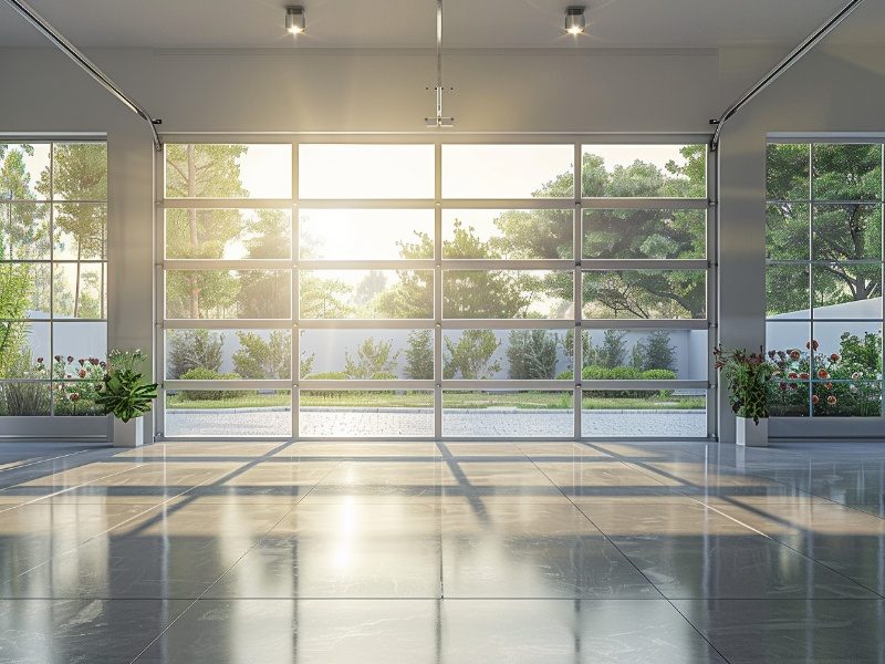 ull glass garage door providing a seamless view of the outdoors, elevating home aesthetics.