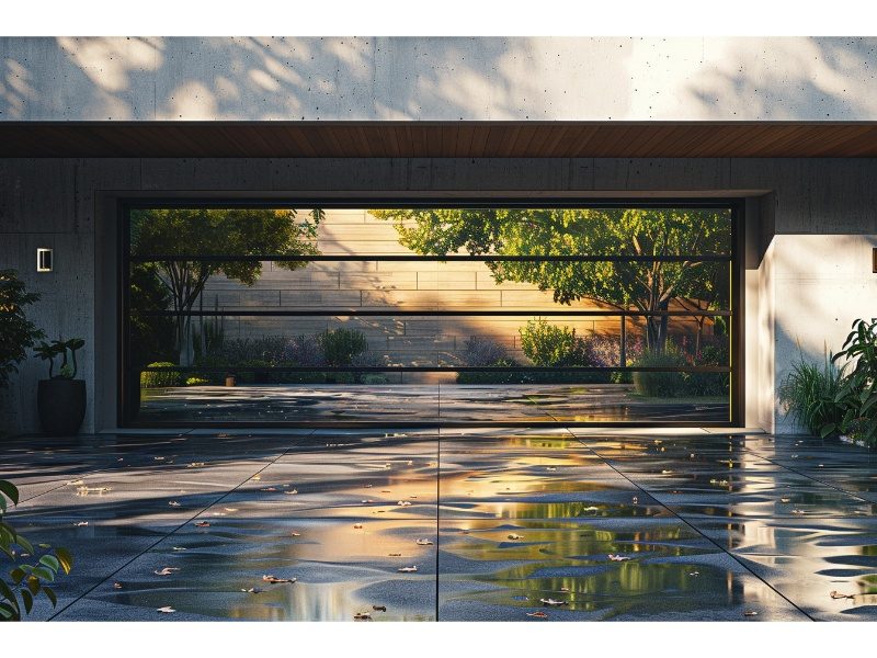 Reflective mirrored garage door enhancing home exterior.