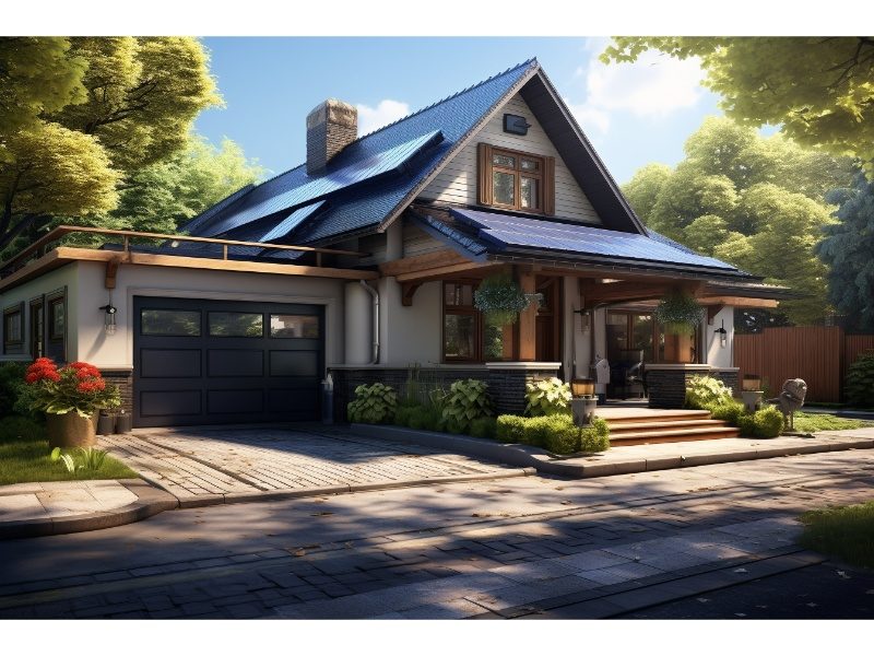 A charming craftsman-style home with a single black garage door, surrounded by lush landscaping, a stone pathway, and bathed in warm sunlight.