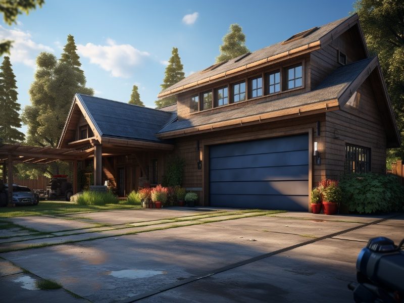 A rustic wooden home with a wide, modern two-car garage door, surrounded by a well-kept driveway, plants, and trees under a clear sky.