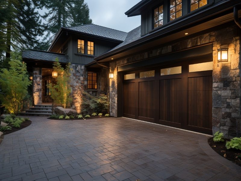 A modern garage door with a traditional look, showcasing the common width for two car garage doors.