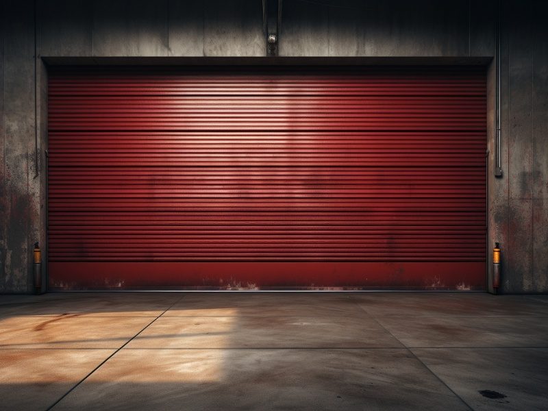 A large industrial red aluminum garage door with a slightly worn appearance, set in a concrete building, with a smooth cement driveway in front.