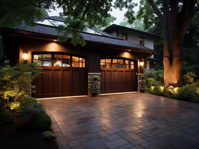 Beautiful two-car garage with dark wooden doors, illustrating standard garage door sizes and styles available for various home designs.