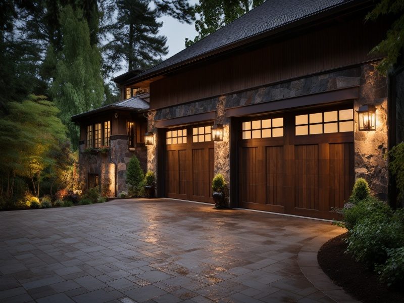 Two garage doors simultaneously controlled by the same remote control, with both doors visible in the background.