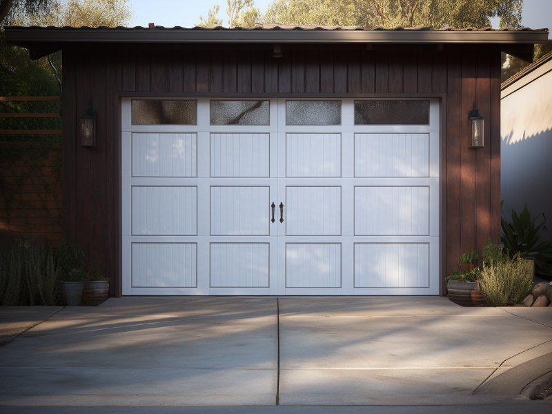 A single white paneled garage door with decorative windows, set against a brown wooden exterior, with potted plants and a smooth concrete driveway in front.