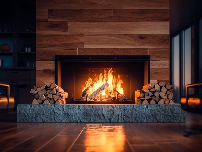 Wood-burning fireplace with burning bright with wood pile on both sides of stone hearth.