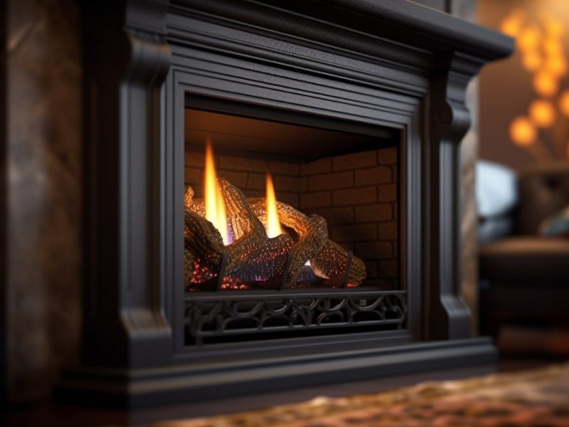Ventless Gas Insert Fireplaces with dark mantel and stone design