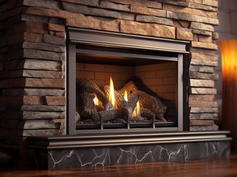 Gas Fireplace with rock chimney
