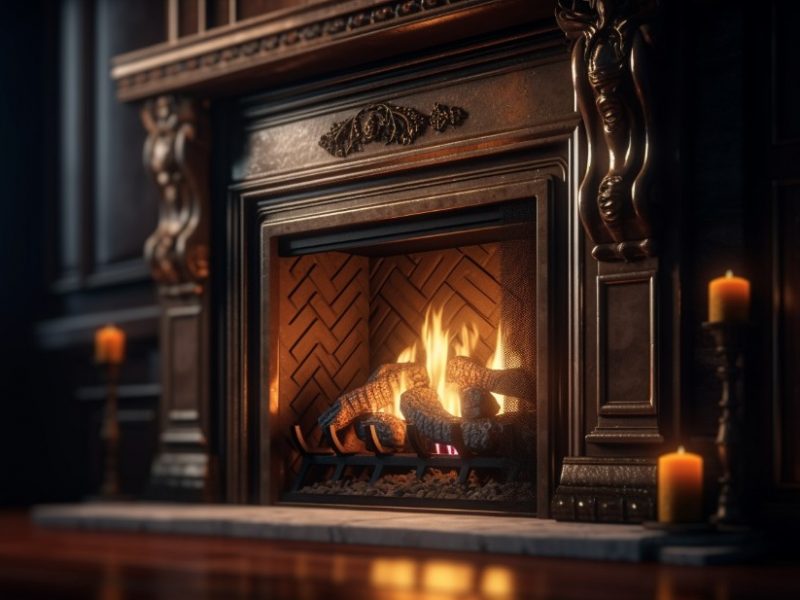 Gas Fireplace with mantel and realistic logs.