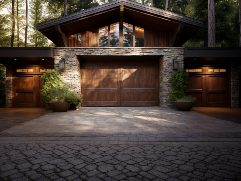 Elegant wood garage door enhancing a home's curb appeal.