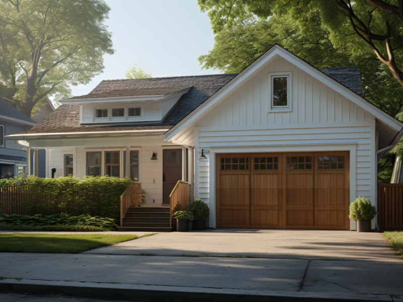 Warm wood composite 9x7 garage door, blending seamlessly with traditional home exteriors.