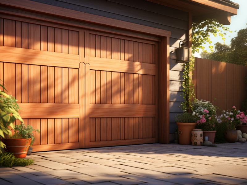 Close-up view of the detailed craftsmanship on a custom wood garage door, featuring elegant wood grains and finishes.
