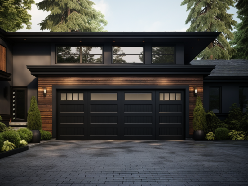 Modern black garage door with rectangular windows on a residential home.