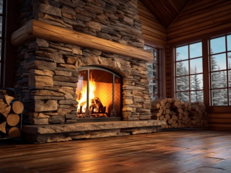 A fire burning in a wood burning stone fireplace.