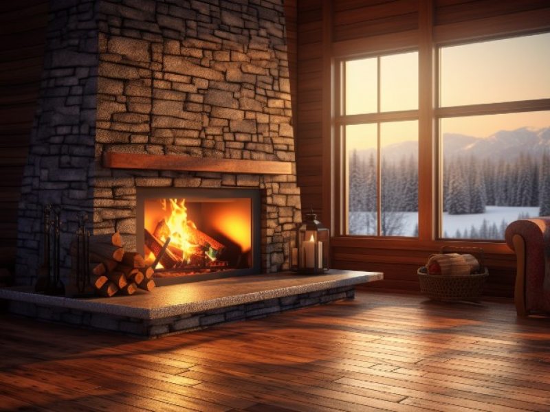 Traditional wood burning fireplace with a wooden mantel