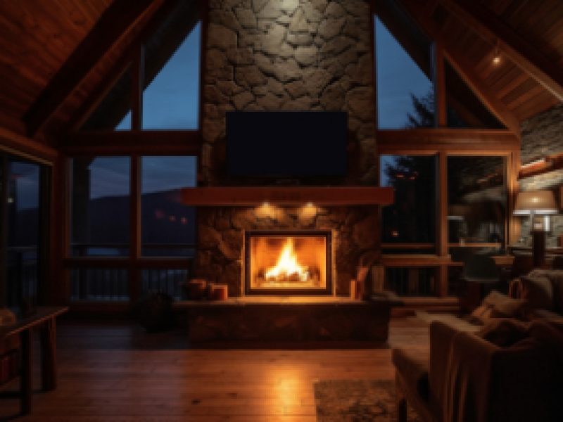 A large stone fireplace in the center of a cabin with a tv over the mantel.