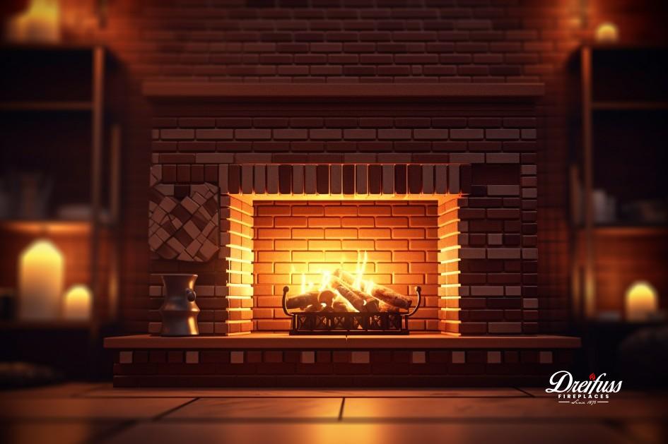 Basement den made cozy by a warm brick fireplace