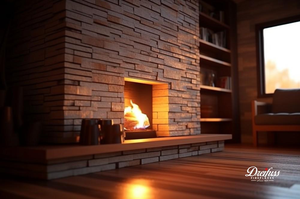 Luxury condo interior featuring a classic brick fireplace