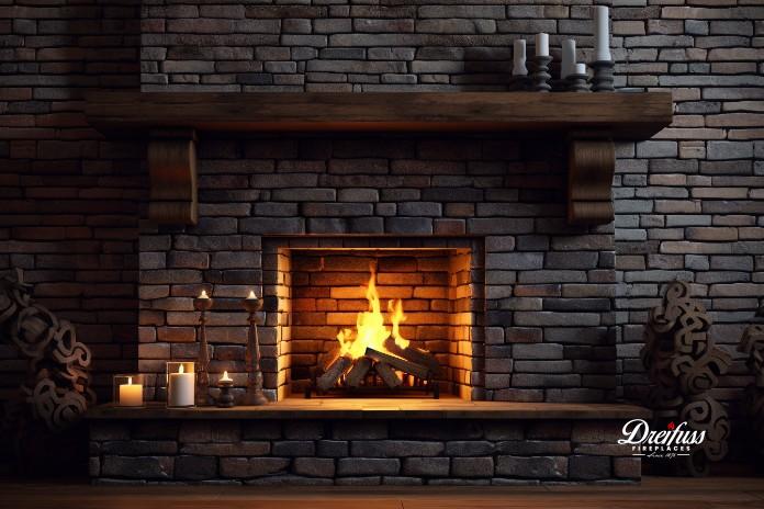 Red brick fireplace with a rustic wooden mantel
